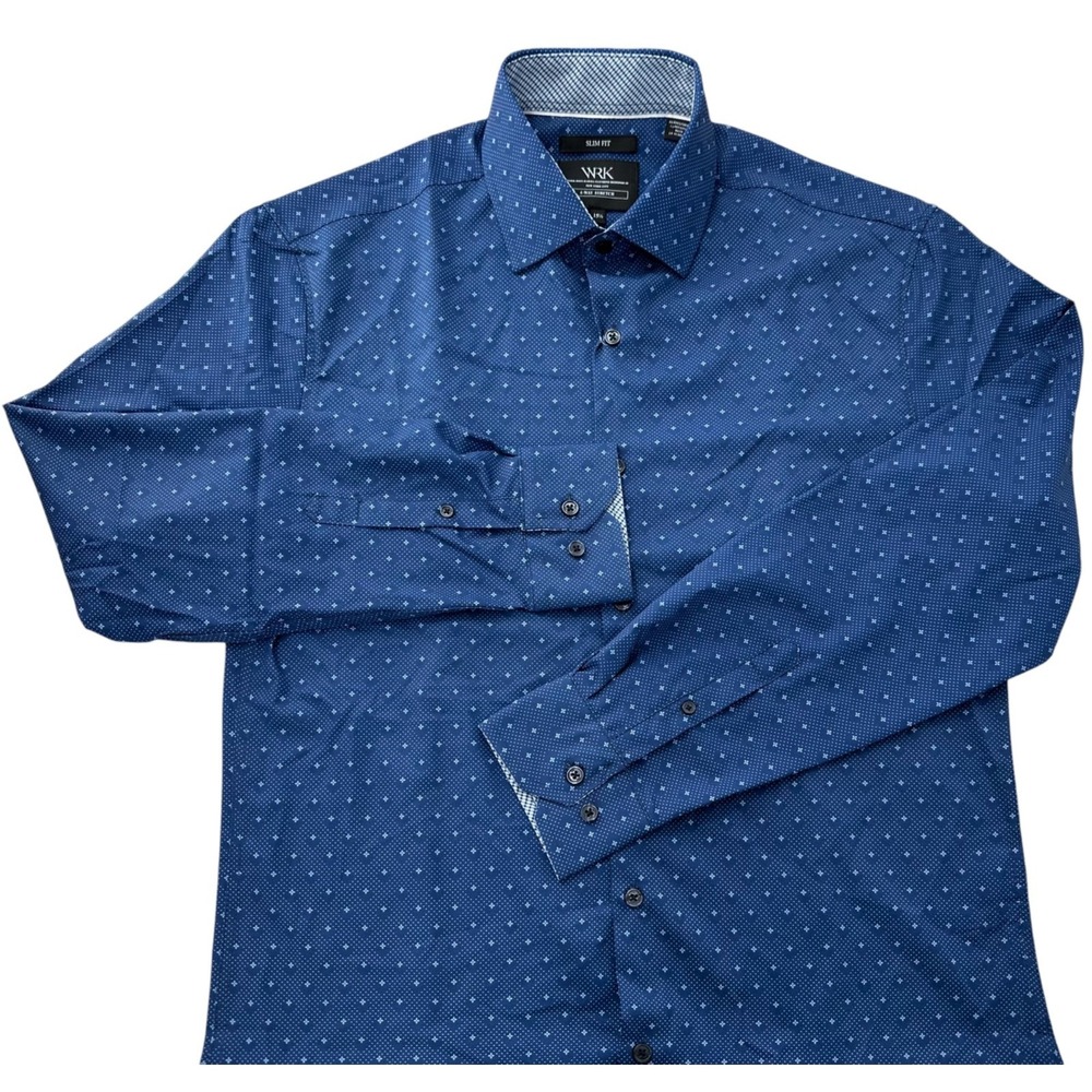 NEW WRK Navy Blue Diamond Dot Slim Fit 4-Way Stretch Dress Shirt Men's Size 15.5